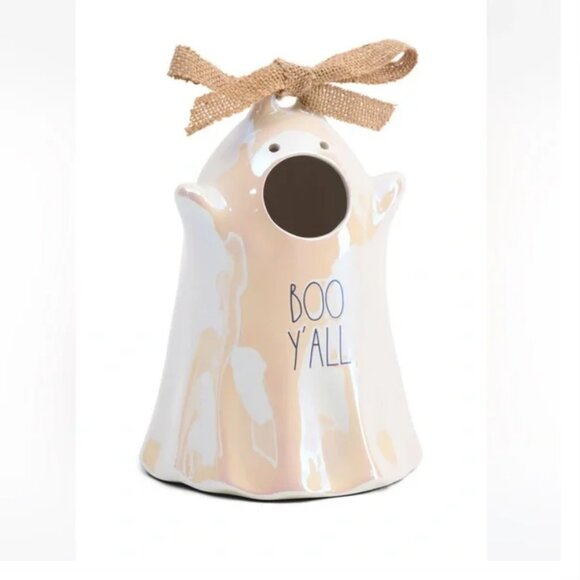 NEW Rae Dunn Boo Y'all Luster Ghost Boo Birdhouse Burlap Bow Halloween Decor NIB - Picture 1 of 3